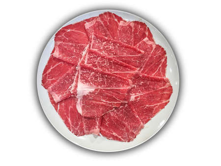 Isolated plate of wagyu A5 marble beef with white backgroundの写真素材