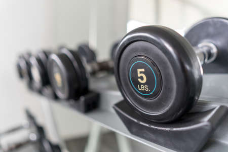 5lbs dumbbell on a rack in the fitness room, shallow DOFの写真素材
