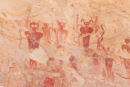 Mysterious rock art figures on a sandstone panel in Sego Canyon, Utahの写真素材