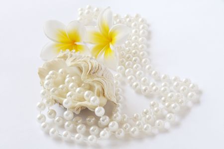 Close-up of shell, pearl jewelry and flowers on white backgroundの写真素材