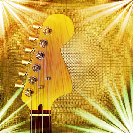 Computer illustration of guitar headstock, with golden background and lighting effects.の写真素材