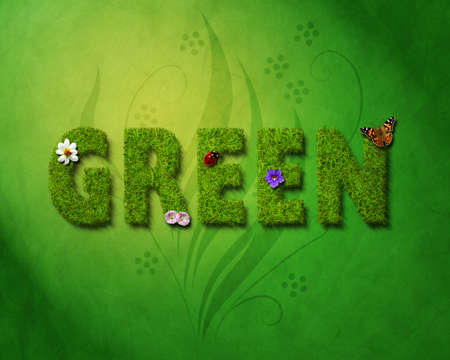 A computer illustration of grass text with nature elements and background.の写真素材