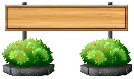 Illustration of an empty signboard above the plants on a white backgroundのイラスト素材
