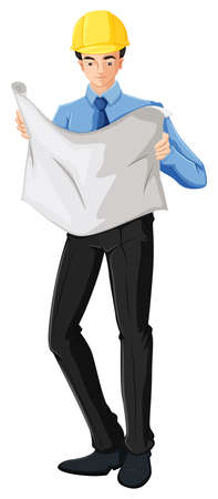 Illustration of an engineer reading the sketch plan on a white backgroundのイラスト素材