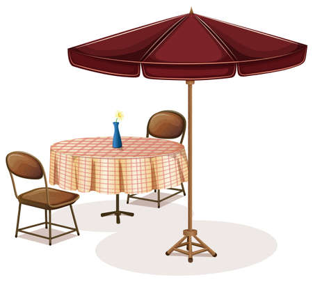 Illustration of a table with an umbrella in a cafe on a white backgroundのイラスト素材