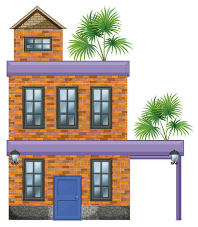 Illustration of a big house with palm plants on a white backgroundのイラスト素材