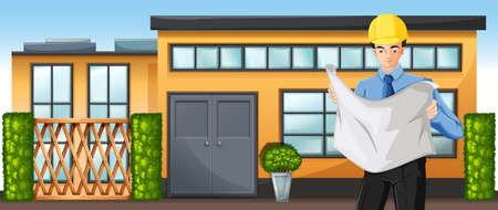 Illustration of an engineer in front of a buildingのイラスト素材