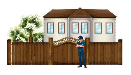 Illustration of a policeman in front of the house on a white backgroundのイラスト素材
