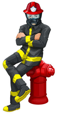 Illustration of a fireman sitting above the hydrant on a white backgroundのイラスト素材
