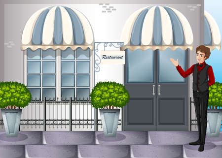 Illustration of a waiter near the restaurant's entranceのイラスト素材
