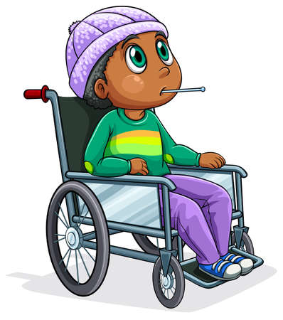 Illustration of a Black man riding on a wheelchair on a white backgroundのイラスト素材