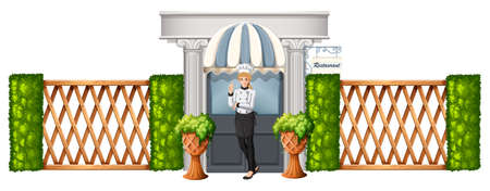 Illustration of a chef in front of the restaurant with wooden fence on a white backgroundのイラスト素材