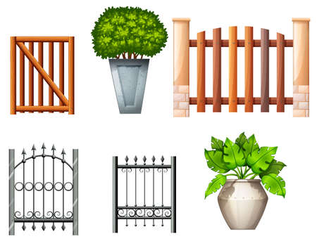 Illustration of the different fences and gates with plants on a white backgroundのイラスト素材