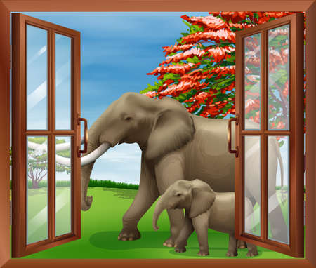 Illustration of a window with a view of the big and small elephantsのイラスト素材