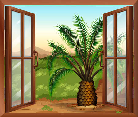 Illustration of a window with a view of the palm plantのイラスト素材
