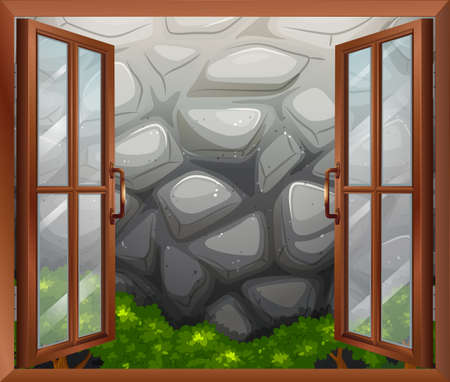 Illustration of an open window with a view of the stonewallのイラスト素材