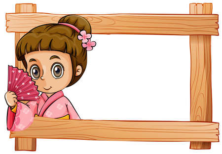 Illustration of a wooden frame with a girl on a white backgroundのイラスト素材