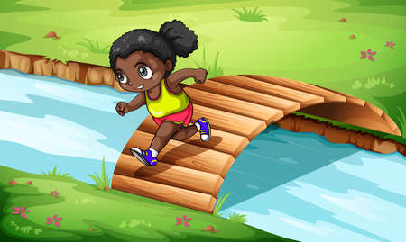 Illustration of a black girl crossing the wooden bridgeのイラスト素材