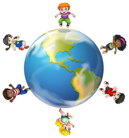 Illustration of a group of people around the globe on a white backgroundのイラスト素材