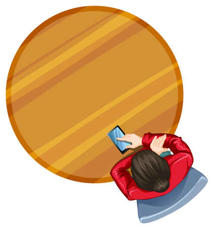 Illustration of a topview of a girl at the round table on a white backgroundのイラスト素材