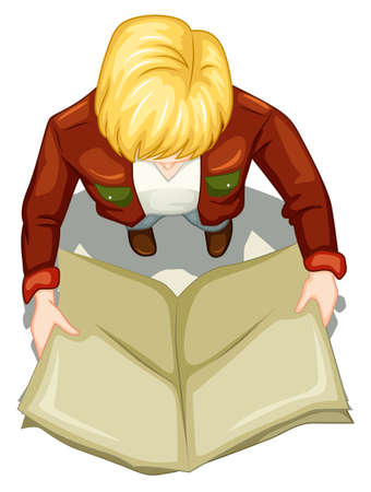 Illustration of a topview of a man reading a newspaper on a white backgroundのイラスト素材