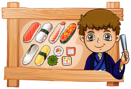 Illustration of a frame with a boy beside the delectable sushi on a white backgroundのイラスト素材