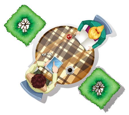 Illustration of a topview of people at the table with plants on a white backgroundのイラスト素材