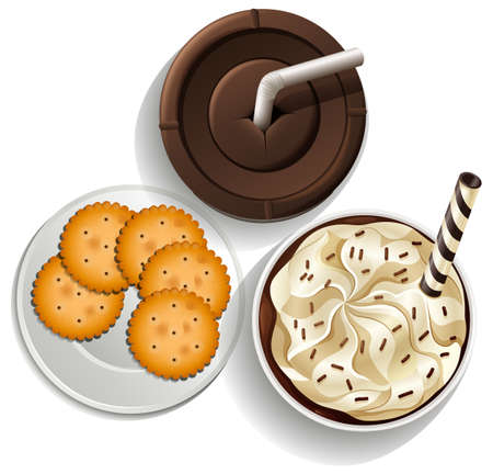 Illustration of the drinks in disposable cups and a plate with biscuits on a white backgroundのイラスト素材