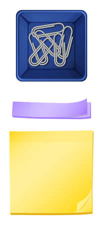 Illustration of a topview of the paperclips in the container and the post-it notepads on a white backgroundのイラスト素材