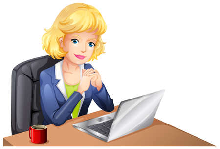 Illustration of a businesswoman using a laptop on a white backgroundのイラスト素材
