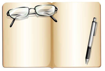Illustration of an empty book with an eyeglass and a ballpen on a white backgroundのイラスト素材