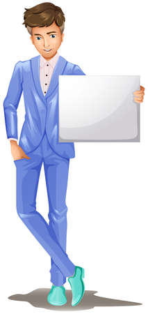 Illustration of a man in a formal attire holding an empty signboard on a white backgroundのイラスト素材