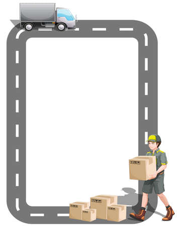 Illustration of a border design with a delivery truck and a delivery man on a white backgroundのイラスト素材