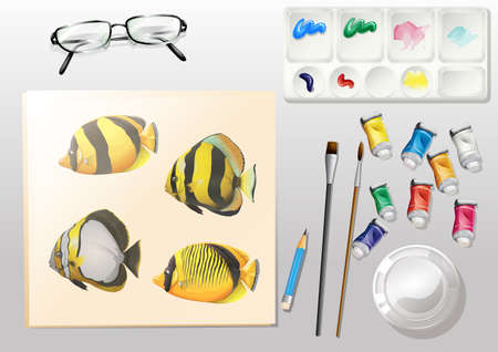 Illustration of a topview of a painting and the different painting materialsのイラスト素材