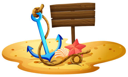 Illustration of a beach with an anchor and empty signboard on a white backgroundのイラスト素材
