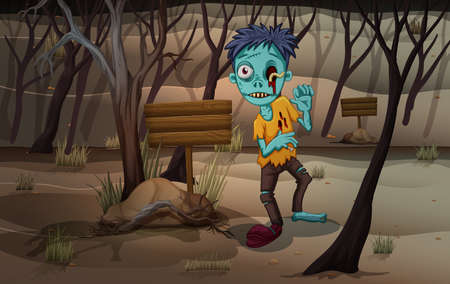 Illustration of a zombie at the forest with empty signboardsのイラスト素材