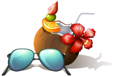 lllustration of a refreshing drink and a sunglasses for a beach outing on a white backgroundのイラスト素材