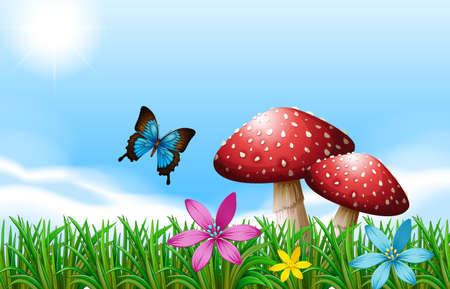 Illustration of a butterfly near the red mushroomsのイラスト素材