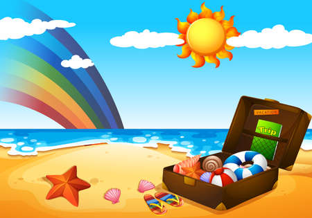 Illustration of a beach under the sky with a rainbow and a bright sunのイラスト素材