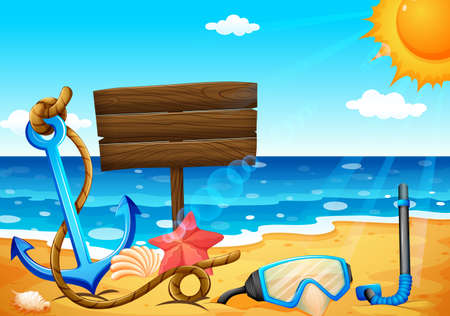 Illustration of an empty signage at the beach with an anchorのイラスト素材