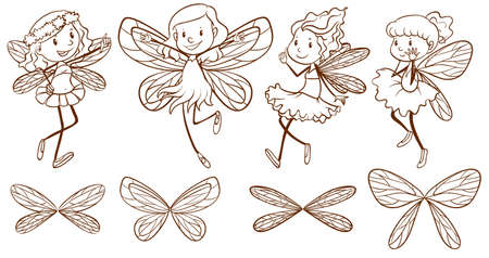 Illustration of the sketch of simple fairies on a white backgroundのイラスト素材