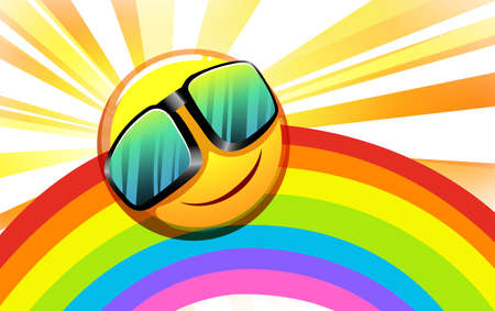 Illustration of a rainbow with a smiling sun on a white backgroundのイラスト素材