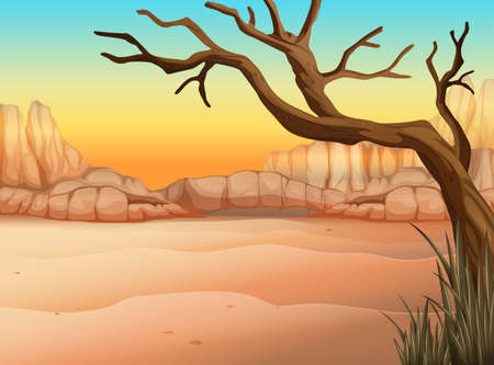 Illustration of a desert with a tree without leavesのイラスト素材