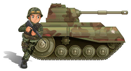 Illustration of a soldier near the armour tank on a white backgroundのイラスト素材