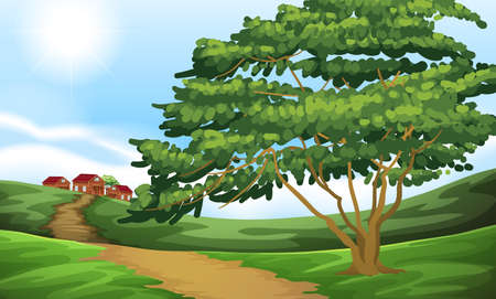 Illustration of a pathway going to the housesのイラスト素材