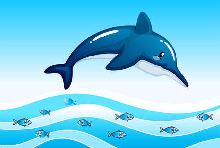Illustration of a sea with a big dolphin and a school of small fishesのイラスト素材