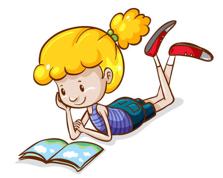 Illustration of a simple sketch of a girl reading on a white backgroundのイラスト素材