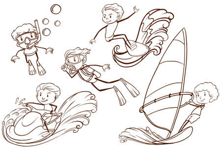 Illustration of a simple sketch of people engaging in water sports on a white backgroundのイラスト素材