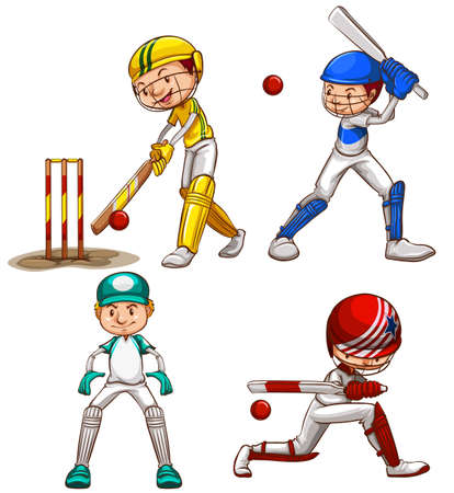 Illustration of the simple sketches of men playing cricket on a white background  のイラスト素材