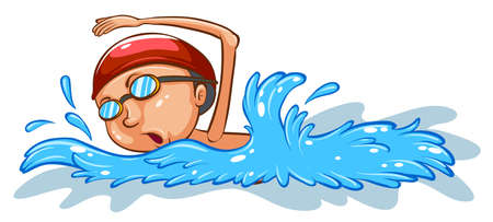 Illustration of a simple coloured sketch of a boy swimming on a white background のイラスト素材